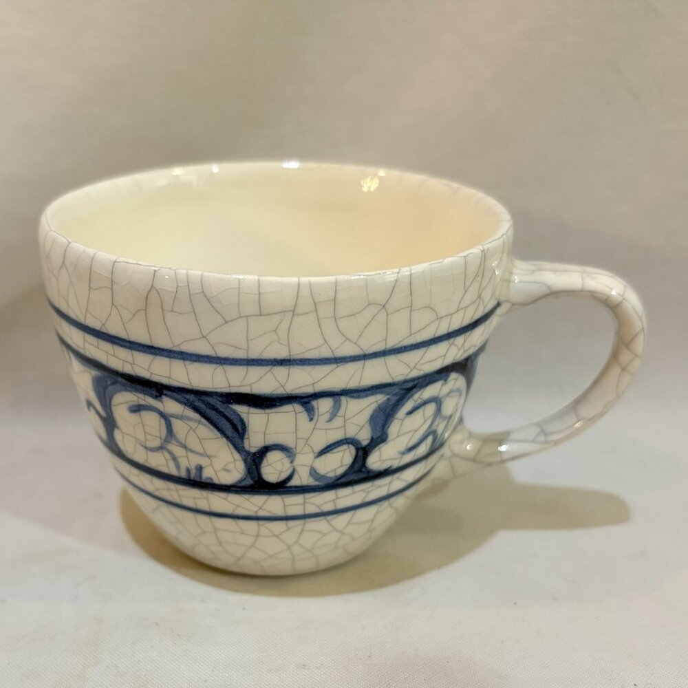 Vintage Dedham Pottery Potting Shed Bunny Rabbit Cup Mug Blue White Made in USA